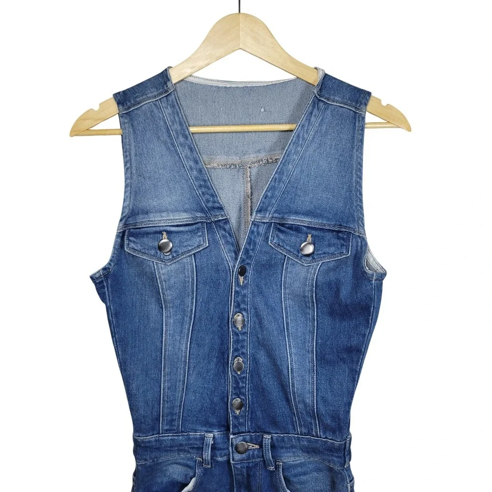Frame Denim Sleeveless Button Front Jumpsuit XS Blue Jean Straight Leg